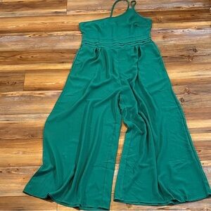 Women’s Aisbei Green Wide Leg One Shoulder Adjustable Strap Jumpsuit w/ Pockets